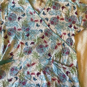 Floral and Butterfly Print Scrub Top
